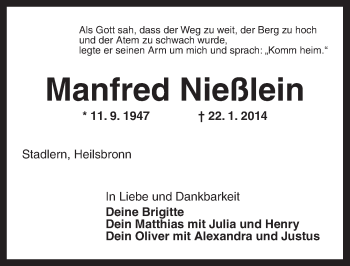 Traueranzeige von Manfred Nießlein von Ansbach