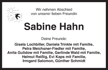 Traueranzeige von Sabine Hahn von Dinkelsbühl/ Feuchtwangen