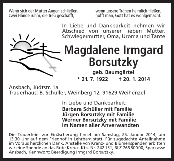 Traueranzeige von Magdalene Irmgard von Ansbach
