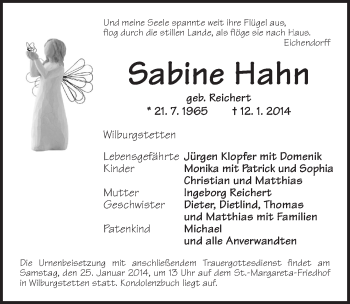 Traueranzeige von Sabine Hahn von Dinkelsbühl/ Feuchtwangen