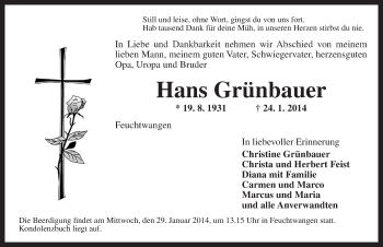 Traueranzeige von Hans Grünbauer von Dinkelsbühl/ Feuchtwangen