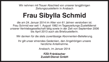 Traueranzeige von Sibylla Schmid von Ansbach