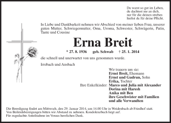 Traueranzeige von Erna Breit von Ansbach