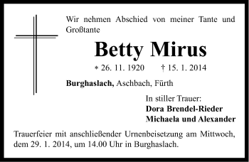 Traueranzeige von Betty Mirus von Neustadt/ Scheinfeld/ Uffenheim