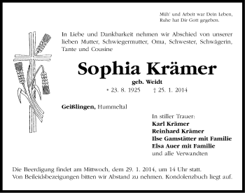 Traueranzeige von Sophia Krämer von Neustadt/ Scheinfeld/ Uffenheim