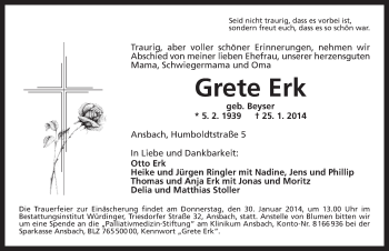 Traueranzeige von Grete Erk von Ansbach