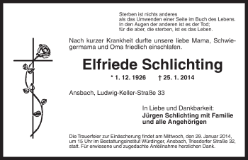 Traueranzeige von Elfriede Schlichting von Ansbach