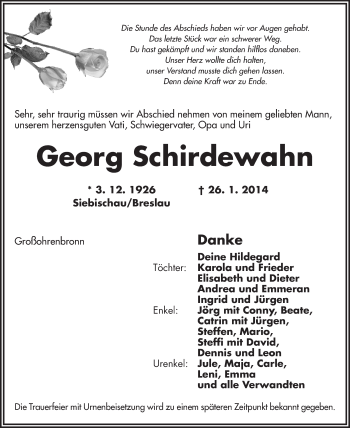 Traueranzeige von Georg Schirdewahn von Dinkelsbühl/ Feuchtwangen