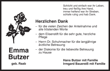 Traueranzeige von Emma Butzer von Dinkelsbühl/ Feuchtwangen