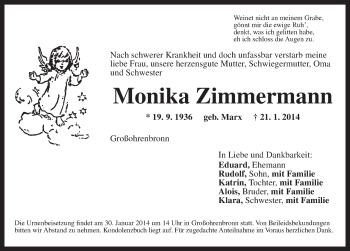 Traueranzeige von Monika Zimmermann von Dinkelsbühl/ Feuchtwangen