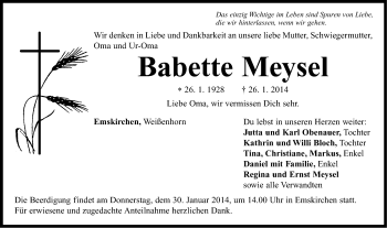 Traueranzeige von Babette Meysel von Neustadt/ Scheinfeld/ Uffenheim