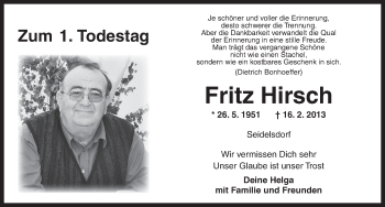 Traueranzeige von Fritz Hirsch von Dinkelsbühl/Feuchtwangen