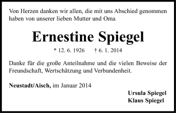 Traueranzeige von Ernestine Spiegel von Neustadt/ Scheinfeld/ Uffenheim