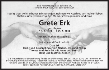 Traueranzeige von Grete Erk von Ansbach