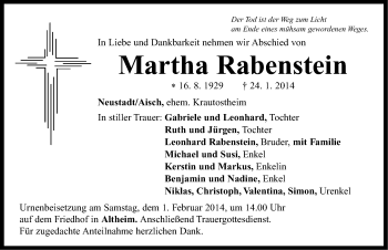 Traueranzeige von Martha Rabenstein von Neustadt/ Scheinfeld/ Uffenheim