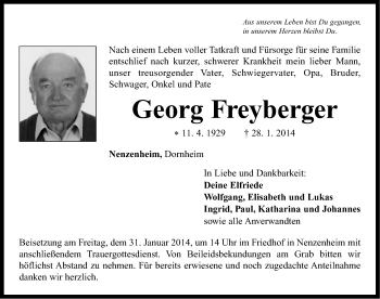 Traueranzeige von Georg Freyberger von Neustadt/ Scheinfeld/ Uffenheim
