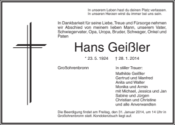 Traueranzeige von Hans Geißler von Dinkelsbühl/ Feuchtwangen