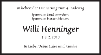 Traueranzeige von Willi Henninger von Ansbach