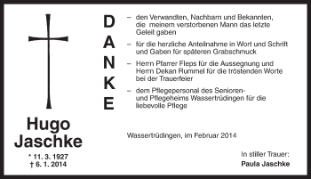 Traueranzeige von Hugo Jaschke von Dinkelsbühl/ Feuchtwangen
