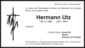 Traueranzeige von Hermann Utz von Ansbach