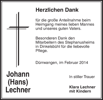 Traueranzeige von Johann Lechner von Dinkelsbühl/ Feuchtwangen