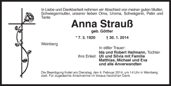 Traueranzeige von Anna Strauß von Dinkelsbühl/ Feuchtwangen