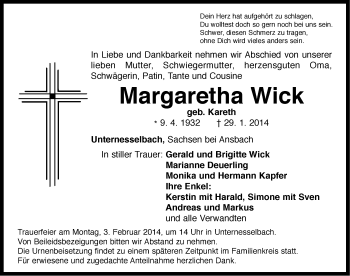 Traueranzeige von Margaretha Wick von Neustadt/ Scheinfeld/ Uffenheim