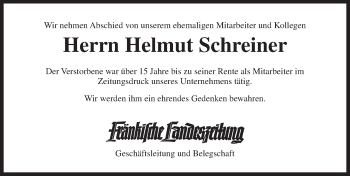Traueranzeige von Helmut Schreiner von Ansbach