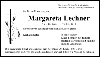 Traueranzeige von Margareta Lechner von Neustadt/ Scheinfeld/ Uffenheim