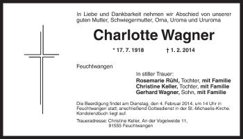 Traueranzeige von Charlotte Wagner von Dinkelsbühl/ Feuchtwangen