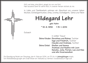 Traueranzeige von Hildegard Lehr von Dinkelsbühl/ Feuchtwangen