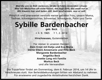 Traueranzeige von Sybille Bardenbacher von Neustadt/ Scheinfeld/ Uffenheim