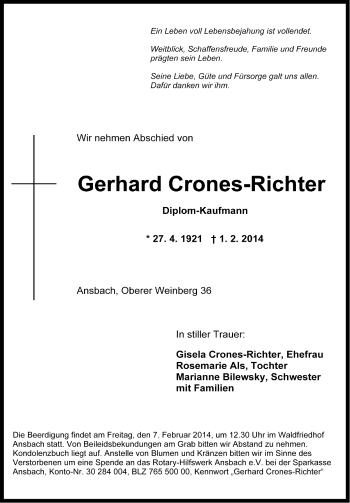 Traueranzeige von Gerhard Crones-Richter von Gesamtausgabe