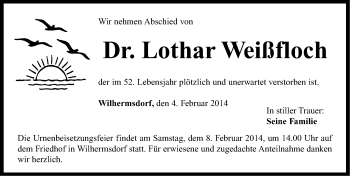 Traueranzeige von Lothar Weißfloch von Neustadt/ Scheinfeld/ Uffenheim