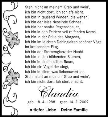 Traueranzeige von Claudia  von Neustadt/ Scheinfeld/ Uffenheim