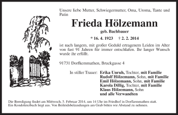 Traueranzeige von Frieda Hölzemann von Dinkelsbühl/ Feuchtwangen