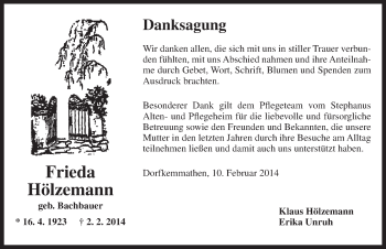 Traueranzeige von Frieda Hölzemann von Dinkelsbühl/ Feuchtwangen