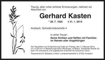 Traueranzeige von Gerhard Kasten von Ansbach