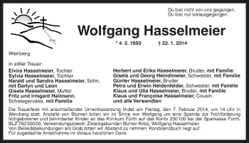 Traueranzeige von Wolfgang Hasselmeier von Dinkelsbühl/ Feuchtwangen