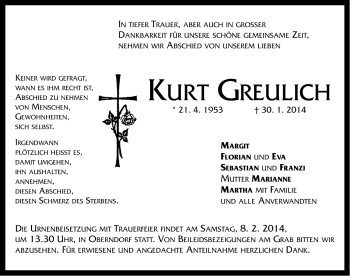 Traueranzeige von Kurt Greulich von Neustadt/ Scheinfeld/ Uffenheim