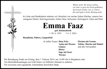 Traueranzeige von Emma Faaz von Neustadt/ Scheinfeld/ Uffenheim