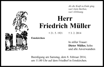 Traueranzeige von Friedrich Müller von Neustadt/ Scheinfeld/ Uffenheim
