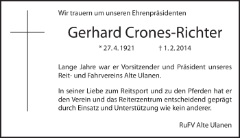 Traueranzeige von Gerhard Crones-Richter von Ansbach