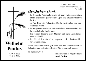 Traueranzeige von Wilhelm Paulus von Neustadt/ Scheinfeld/ Uffenheim