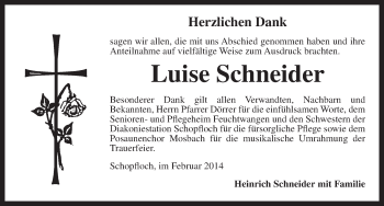Traueranzeige von Luise Schneider von Dinkelsbühl/ Feuchtwangen