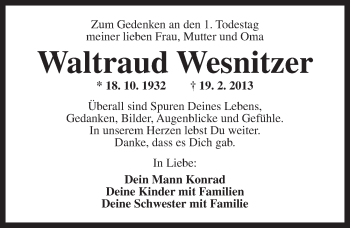 Traueranzeige von Waltraud Wesnitzer von Ansbach