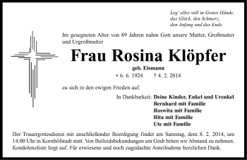 Traueranzeige von Rosina Klöpfer von Neustadt/ Scheinfeld/ Uffenheim