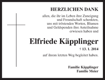 Traueranzeige von Elfriede Käpplinger von Ansbach