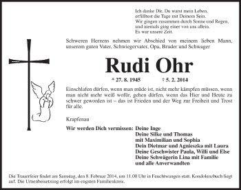 Traueranzeige von Rudi Ohr von Dinkelsbühl/ Feuchtwangen