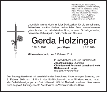 Traueranzeige von Gerda Holzinger von Ansbach